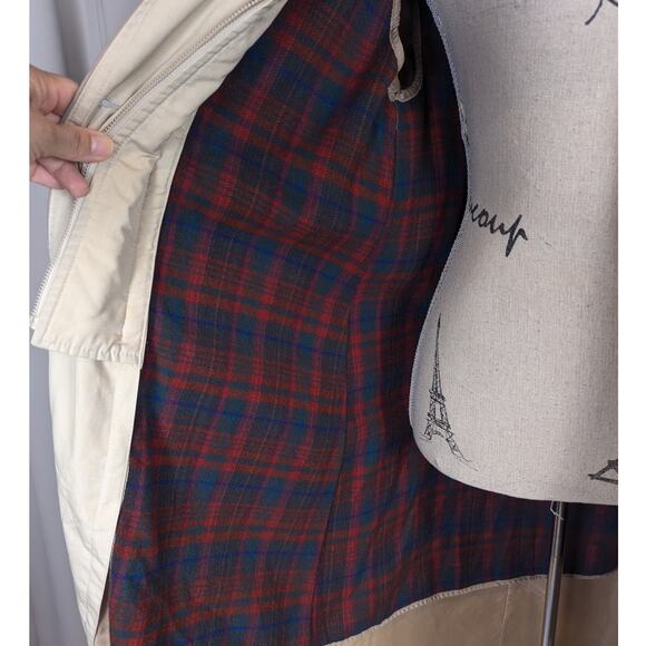90s Vintage Mervyn's Partner Petites Trenchcoat Lined Hooded Tan Red Plaid Trim - Picture 8 of 16